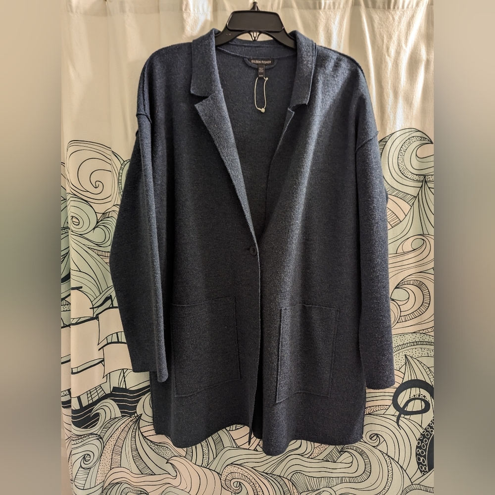 NWOT Eileen Fisher Size M Merino Wool Collared Cardigan - Navy Blue